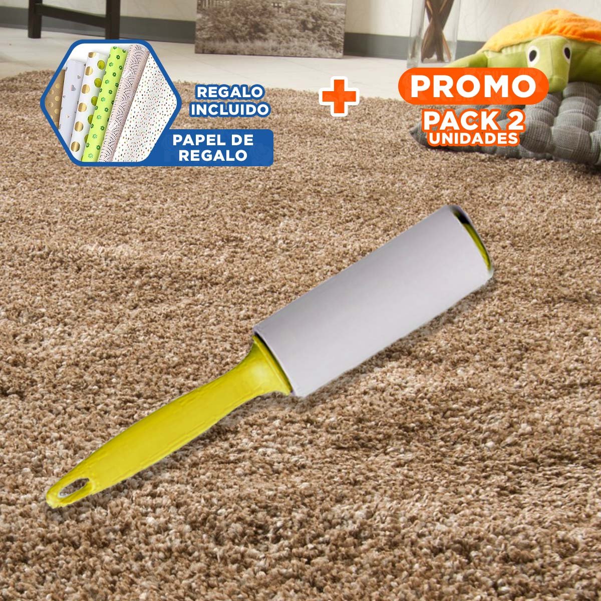 PACK2 HERRAMIENTA QUITA PELUSA EN RODILLO PORTATIL PARA HOGAR AMARILLO PLUS Y+PAPEL REGALO - 1