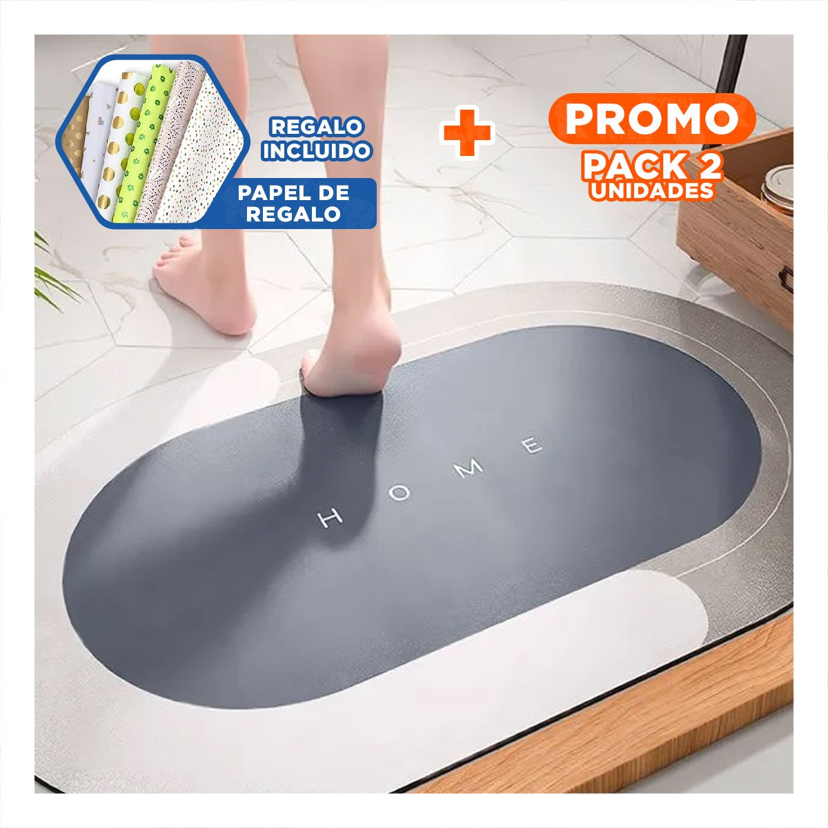 PACK2 ALFOMBRILLA COMODA HOME PLOMO FORMATO OVALADO PARA DECORAR ESPACIOS Y+PAPEL REGALO - 1