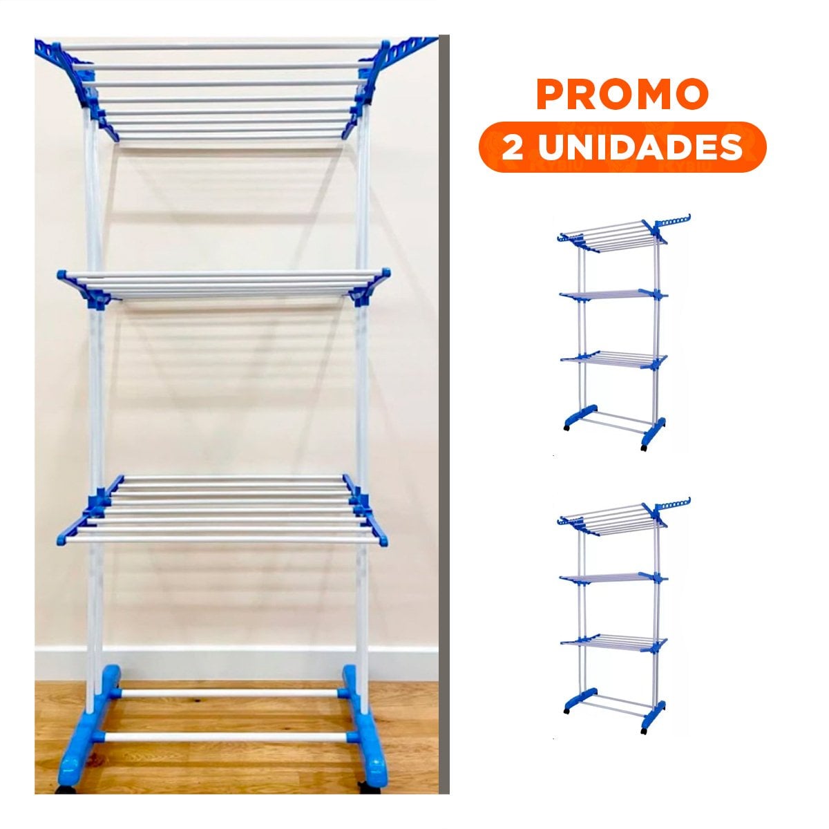 PACK2 ORGANIZADOR PLEGABLE DE TRES NIVELES PARA SECAR ROPA EN ESPACIOS DEL HOGAR COLOR CELESTE - 1