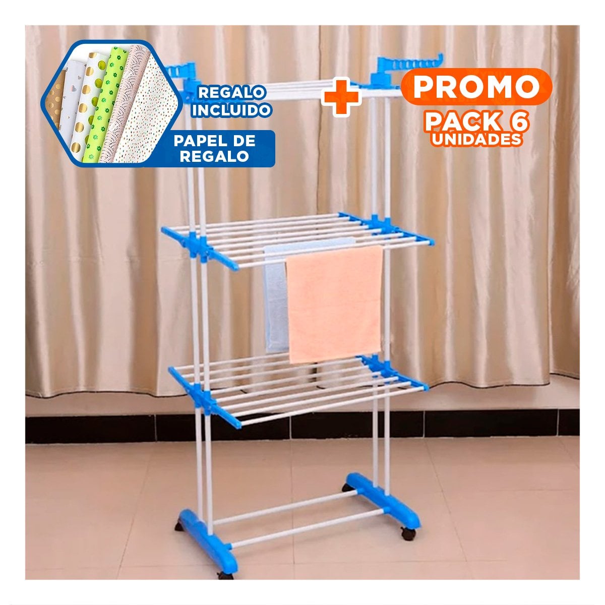 PACK6 BASE PLEGABLE QUE PERMITE SECAR ROPA EN AMBIENTES DEL HOGAR EN CELESTE Y+PAPEL REGALO - 1