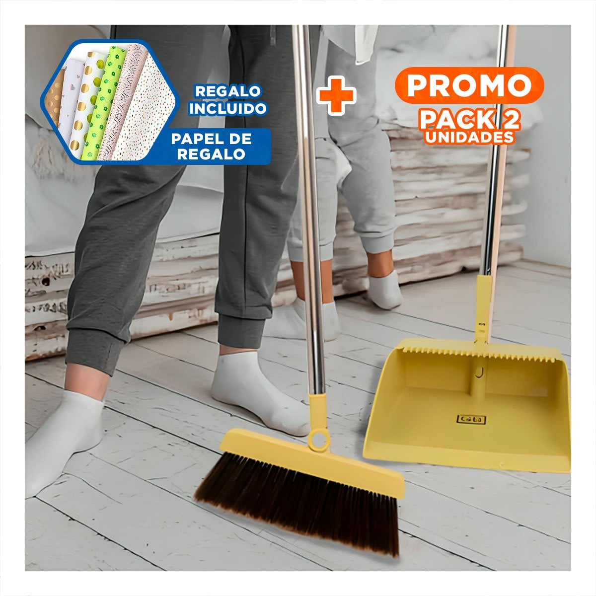PACK2 UTENSILIO DE LIMPIEZA CON ESCOBA Y RECOGEDOR COMPACTO PARA CASA Y+PAPEL REGALO - 1