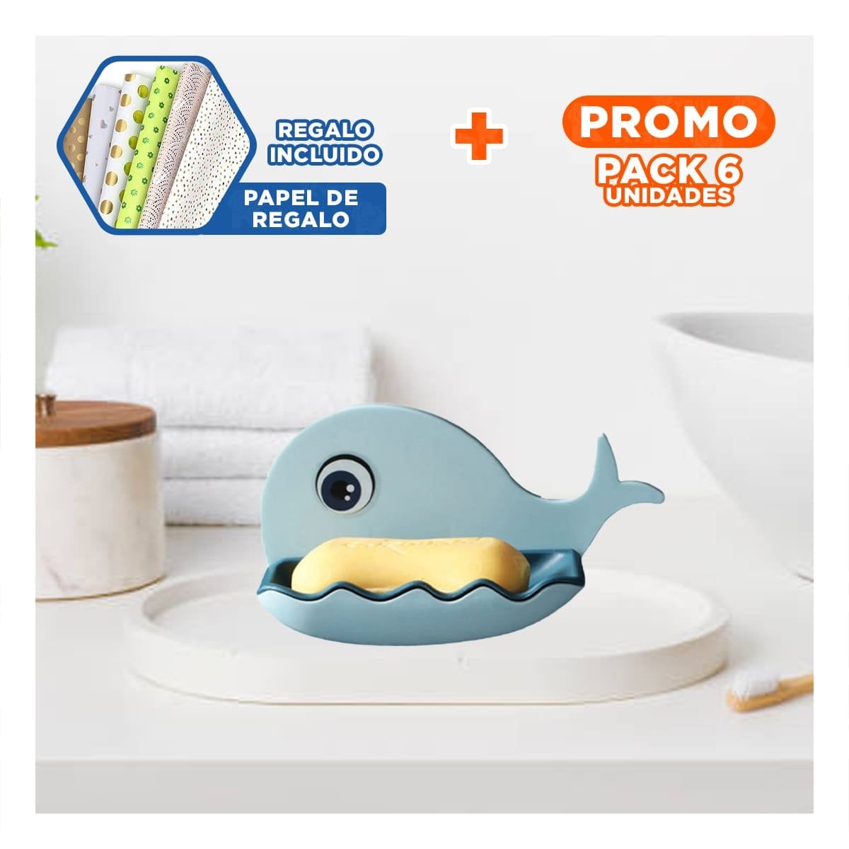 PACK6 BASE JABON PRACTICA EN FORMA DE BALLENA CELESTE PARA HOGAR Y+PAPEL REGALO - 1