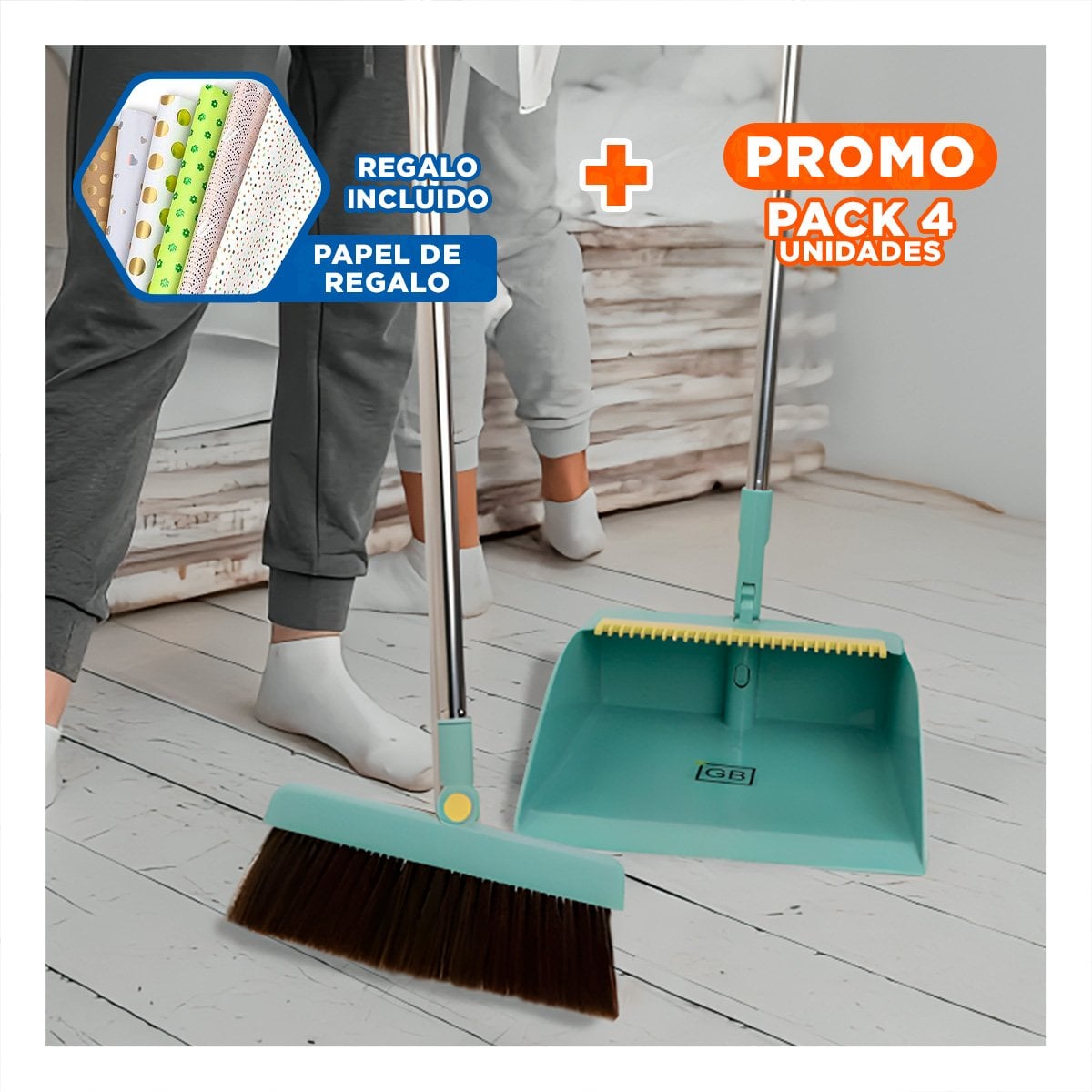 PACK4 APOYO DOMESTICO CON RECOGEDOR VERDE PARA LIMPIEZA DEL HOGAR DIARIO Y+PAPEL REGALO - 1