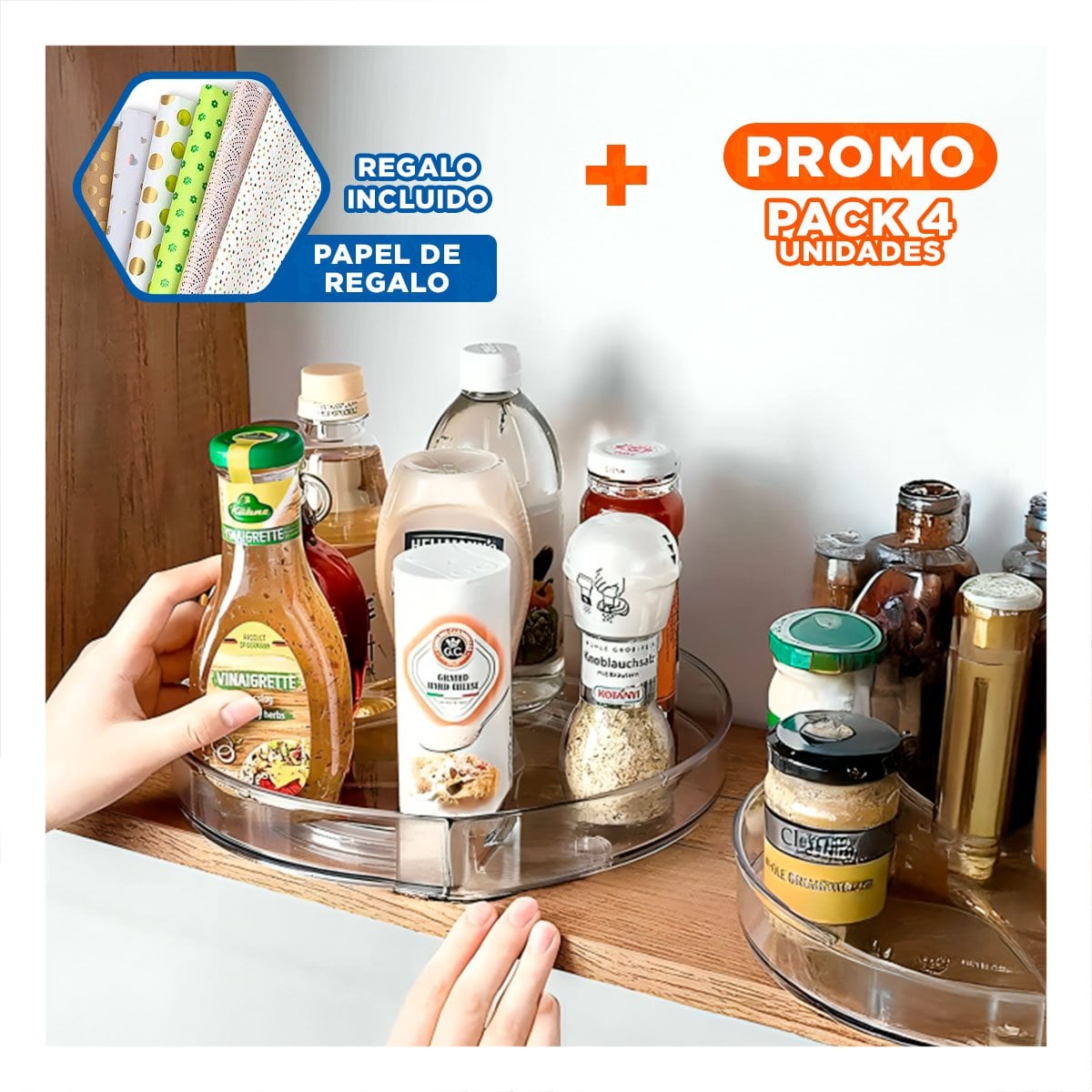 PACK4 PLATAFORMA GIRATORIA ORGANIZADORA 29X3.5CM PARA COCINA TRANSPARENTE Y+PAPEL REGALO - 1