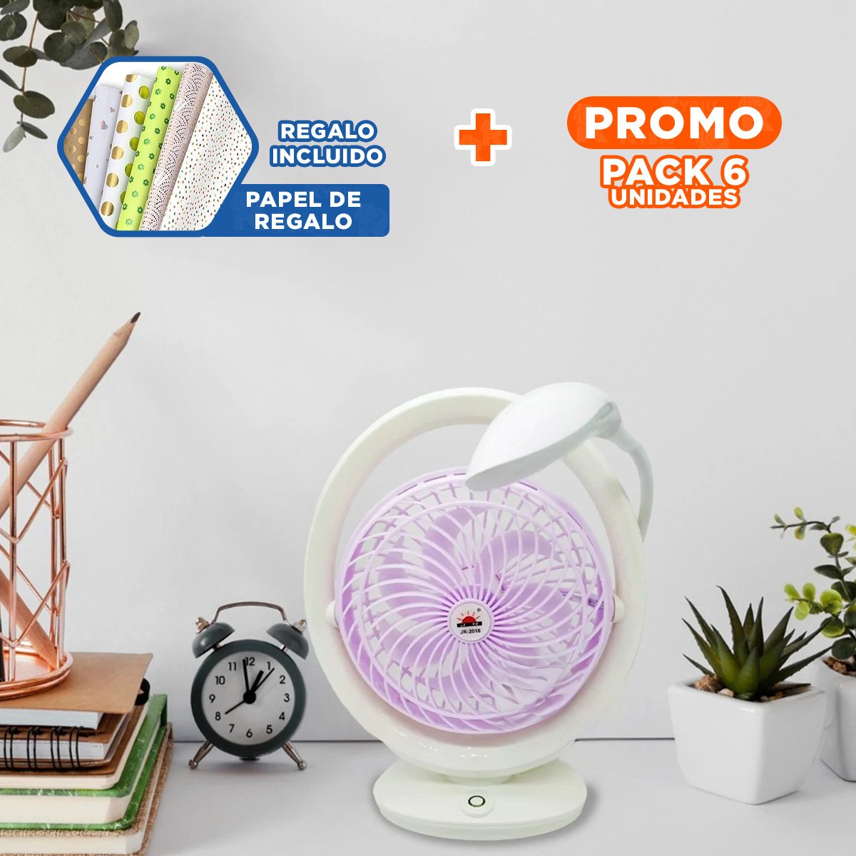 PACK6 SOPLADOR COMPACTO RECARGABLE CON ILUMINACION DE MESA 3 VELOCIDADES LILA Y+PAPEL REGALO - 1