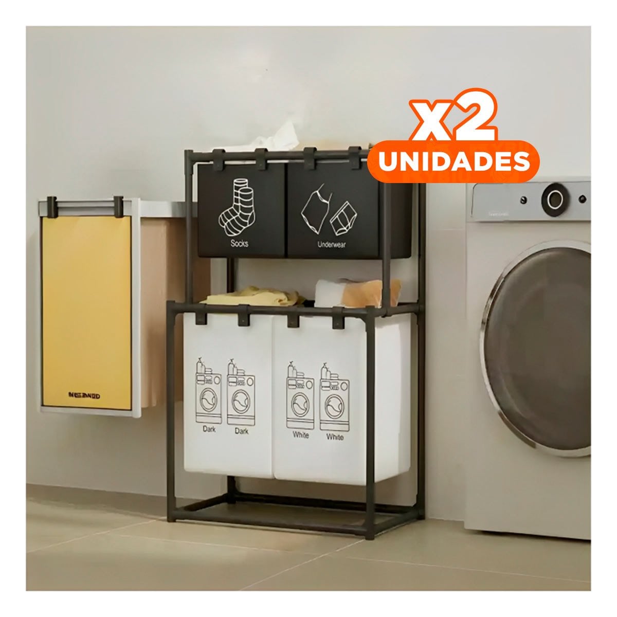 PACK2 CANASTO ROPA SUCIA DOBLE NIVEL CON 3 CESTOS NEGRO Y BLANCO Y+REGALO STICKER - 1