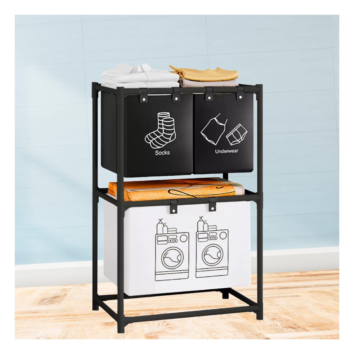 PACK2 CANASTO ROPA SUCIA DOBLE NIVEL CON 3 CESTOS NEGRO Y BLANCO Y+REGALO STICKER - 3