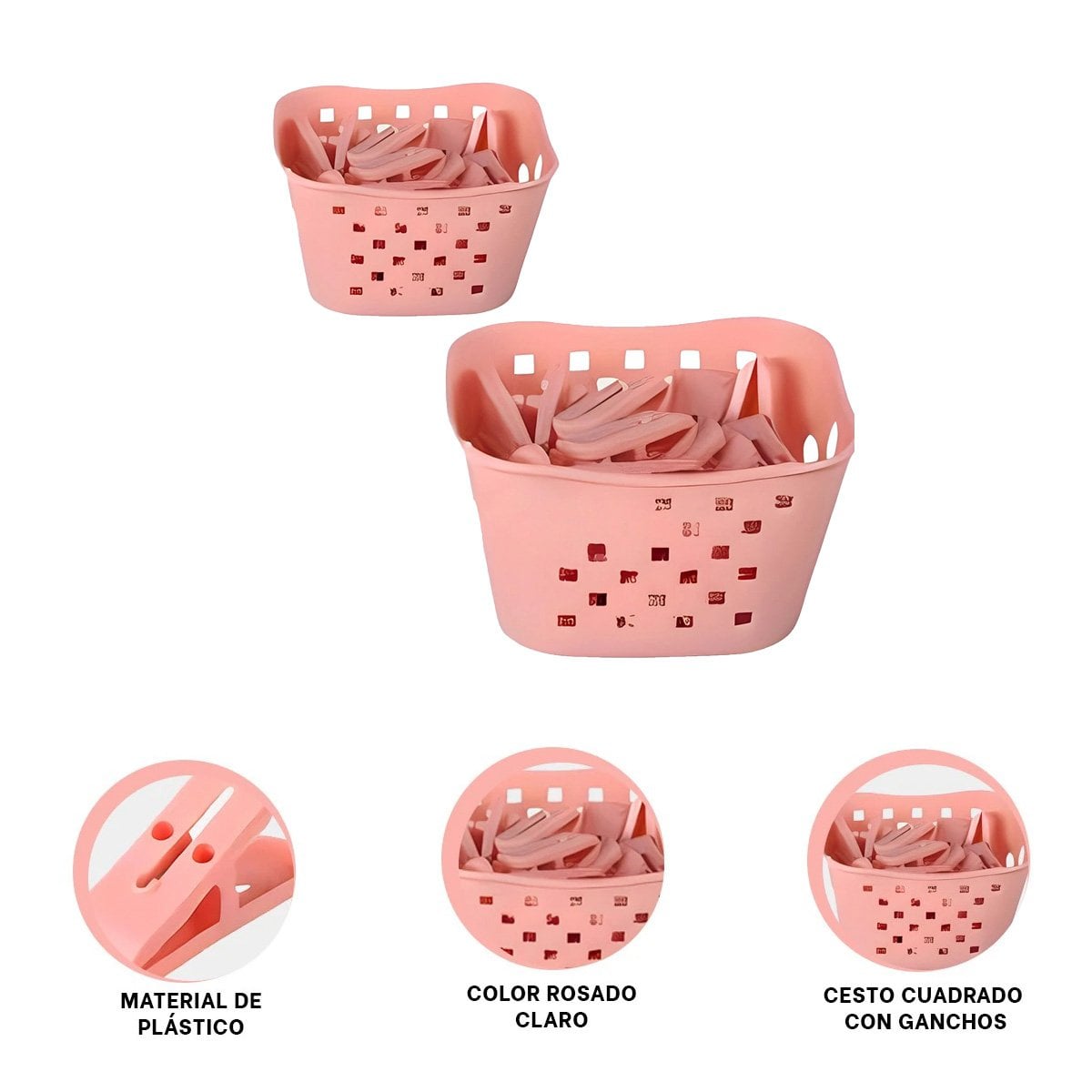 CANASTA MODERNA CUADRADA CON GANCHOS PARA ROPA ROSADO CLARO PARA DORMITORIO - 3