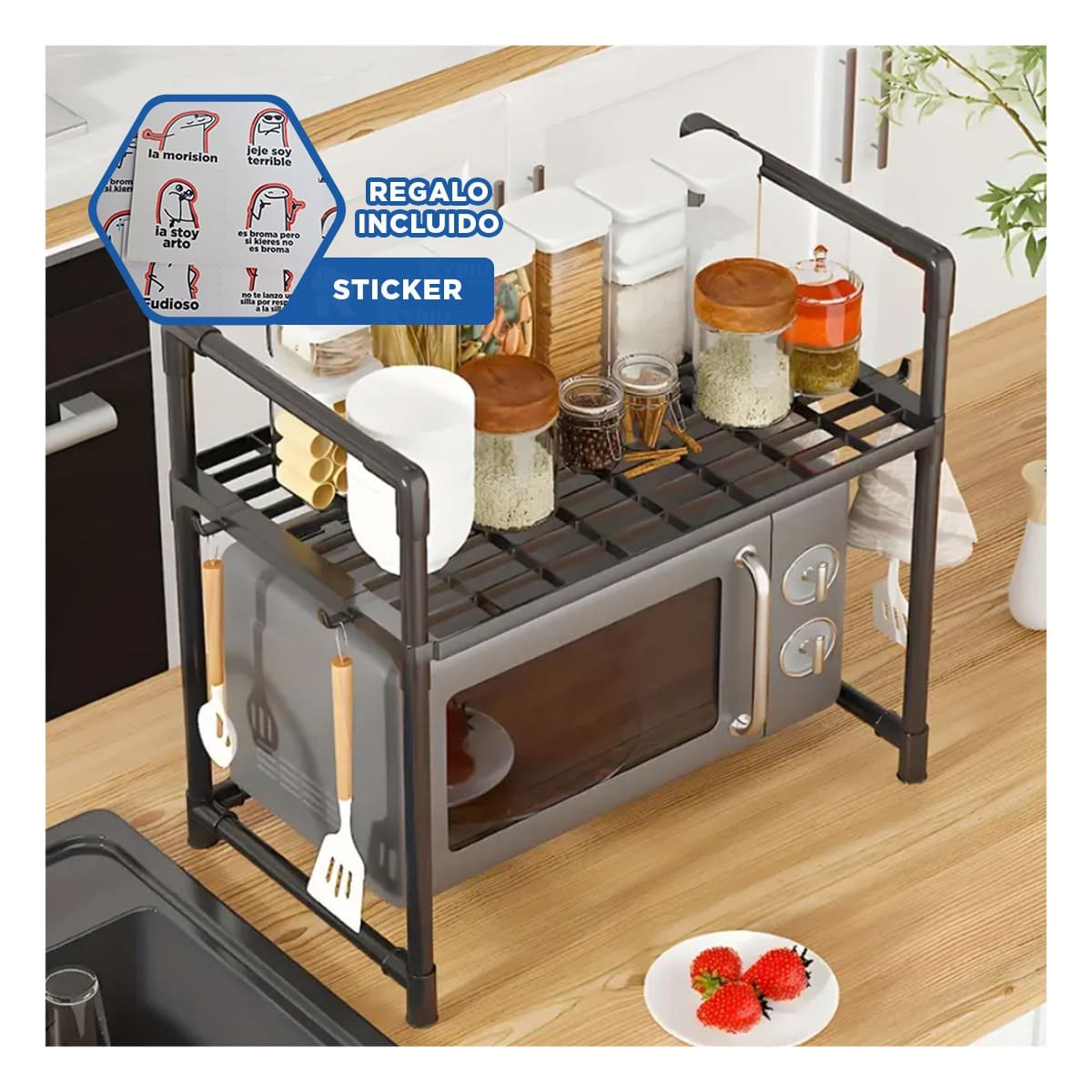 SOPORTE ORGANIZADOR DE MICROONDAS CON ASAS 48X26X49CM NEGRO RESISTENTE PLUS Y+REGALO STICKER - 1