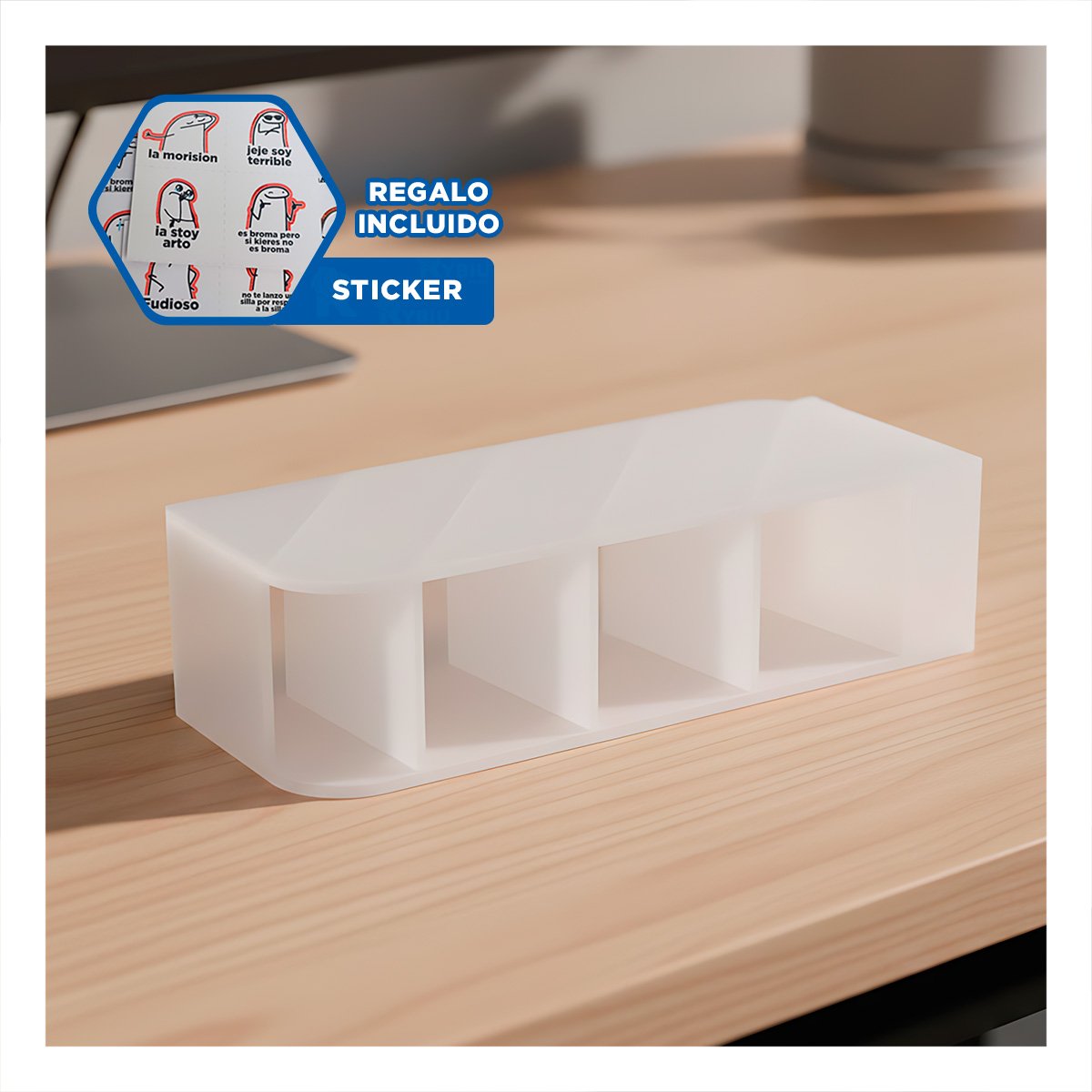 SOPORTE CON CUATRO ESPACIOS SOBRE MESA Y ACABADO BLANCO TRANSPARENTE YREGALO STICKER - 1
