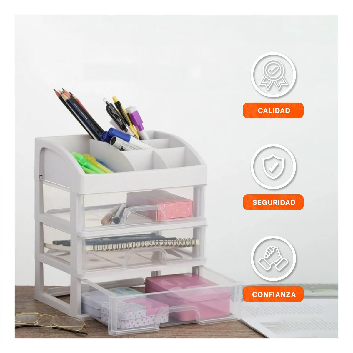 PACK12 ARCHIVADOR CON TRES CAJONES PARA DOCUMENTOS Y UTILES ROSADO - 3