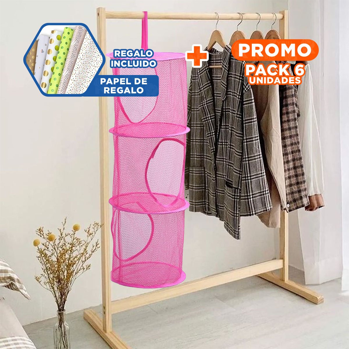 PACK6 UNIDAD COLGANTE TIPO RED 3 NIVELES FUCSIA MODERNA PARA ROPA Y+PAPEL REGALO - 1