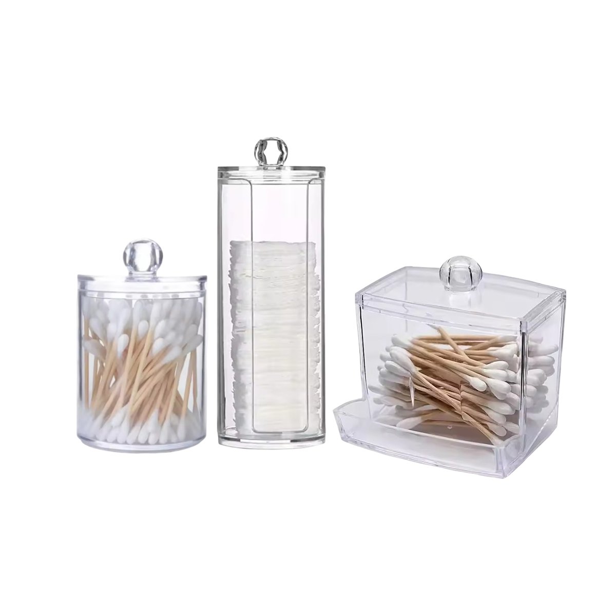 JUEGO DE DISPENSADORES DE ACRILICO TRANSPARENTE PARA HISOPOS Y ALGODON EN CASA Y+PAPEL REGALO - 1