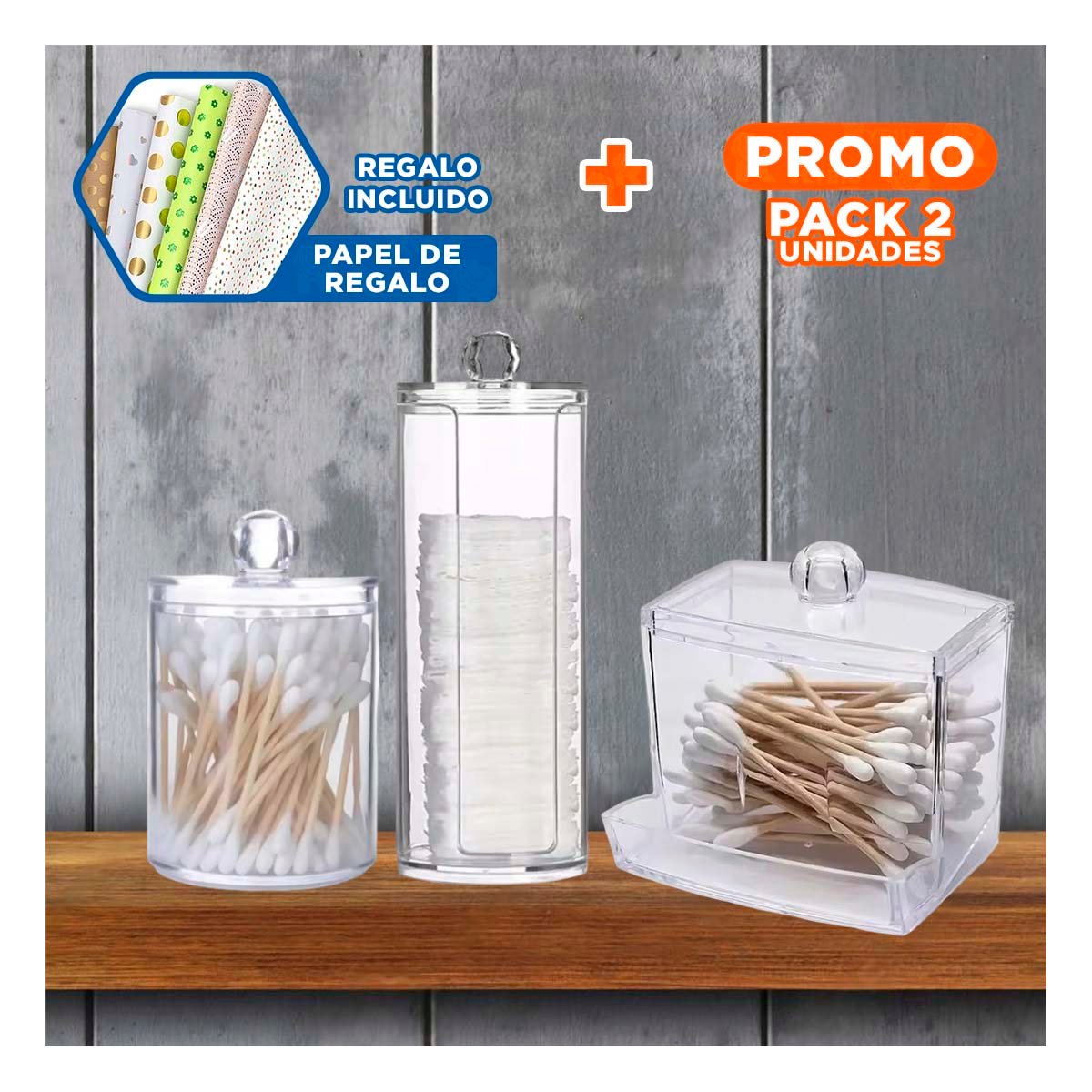 PACK2 ACCESORIOS DE ORGANIZACION DE ACRILICO TRANSPARENTE PARA HISOPOS Y ALGODON Y+PAPEL REGALO - 1