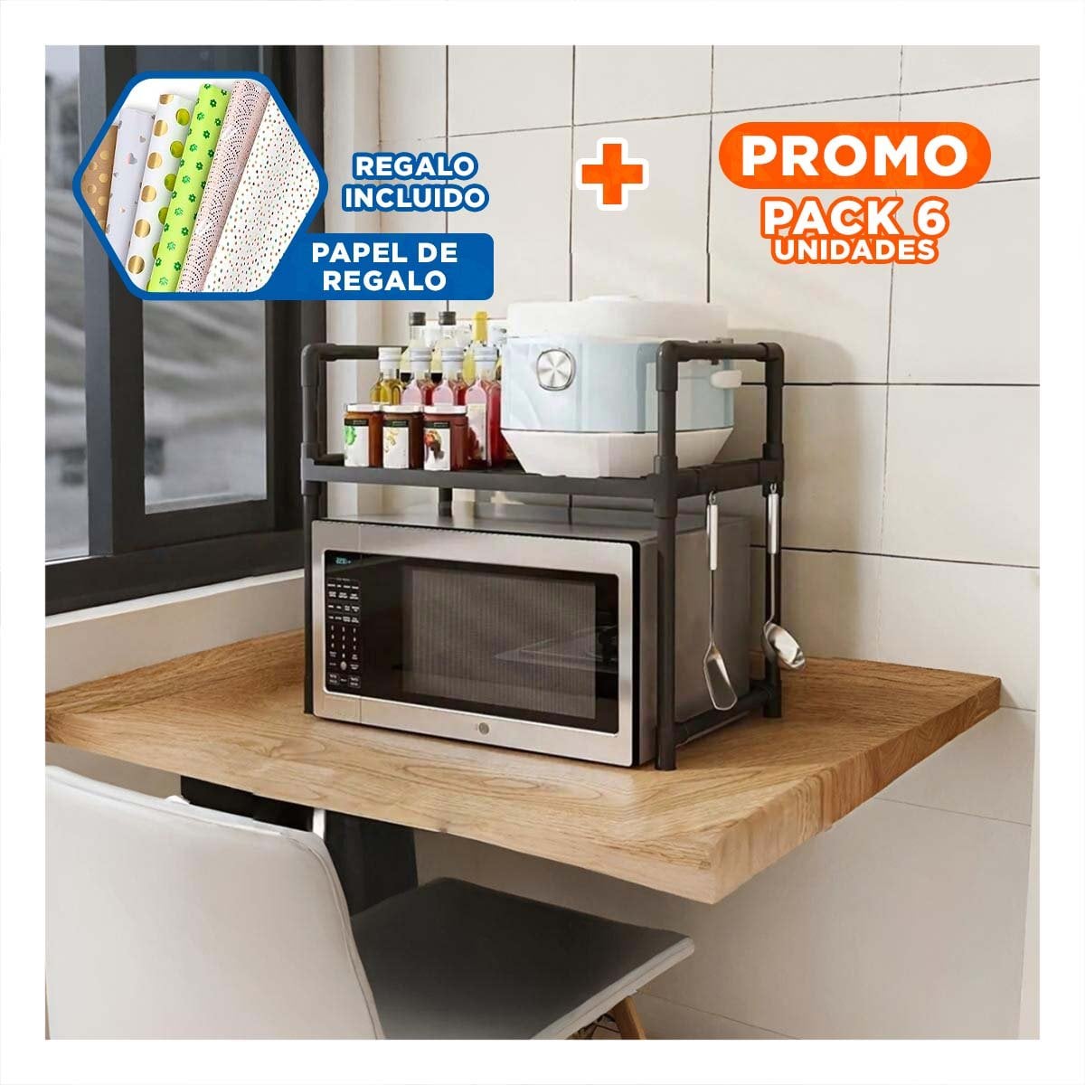 PACK6 GABINETE ORGANIZADOR DE MICROONDAS CON ASAS 48X26X49CM NEGRO PRACTICO PRO Y+PAPEL REGALO - 1