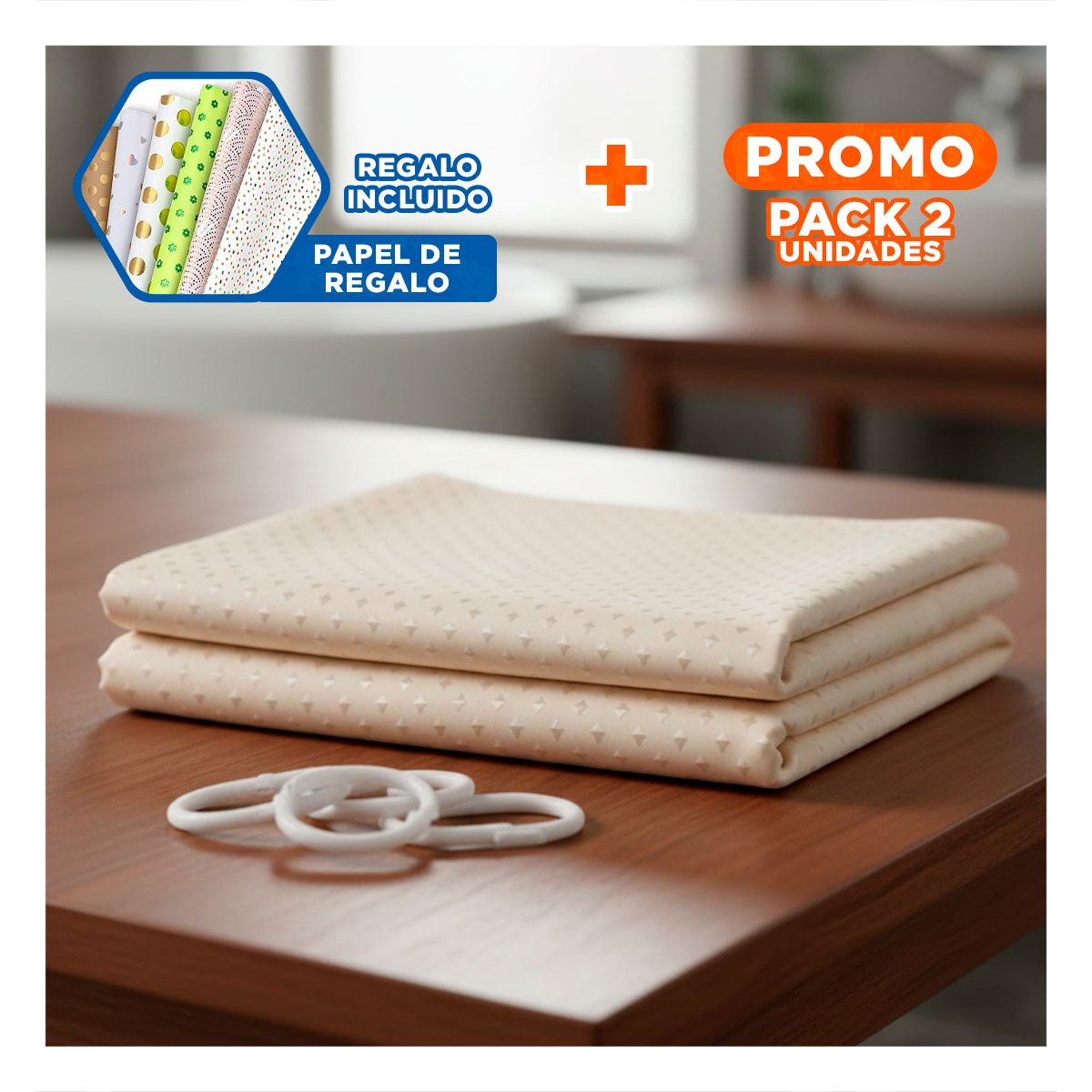 PACK2 CORTINA DE DUCHA EN MELON CON PATRON TRIANGULOS Y MEDIDAS 180X180CM Y+PAPEL REGALO - 1