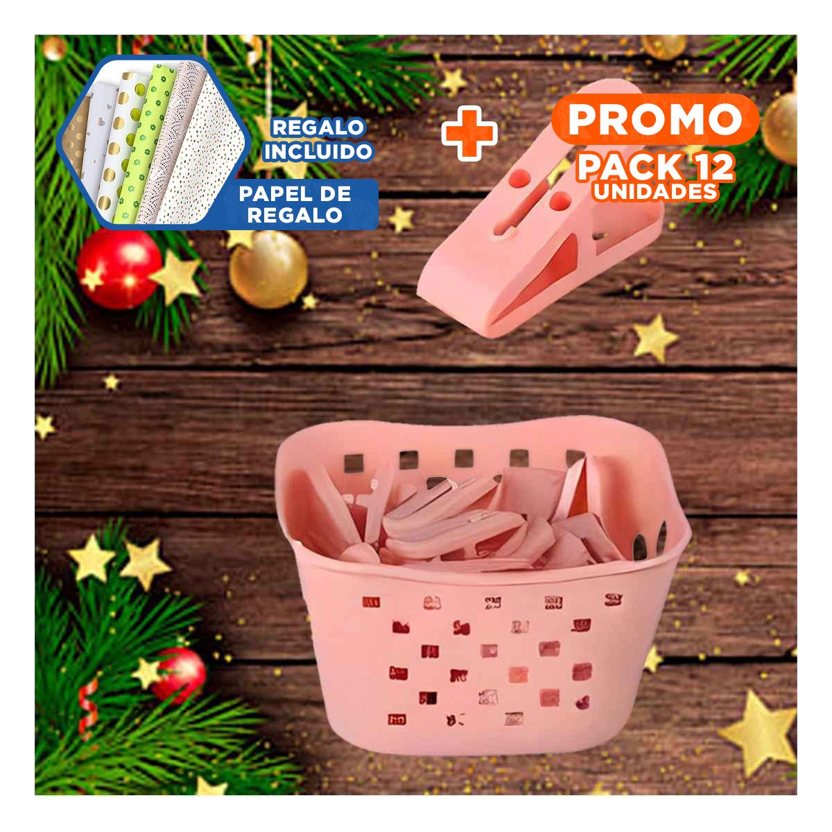PACK12 CONTENEDOR MODERNO CUADRADO CON GANCHOS DE TENER ROSADO YPAPEL REGALO - 1