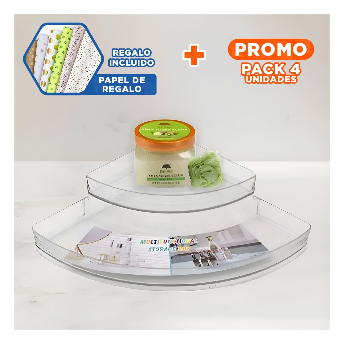 PACK4 PORTAOBJETOS MODERNO DE ACRILICO ESQUINERO TRANSPARENTE PARA DORMITORIO Y+PAPEL REGALO - 1