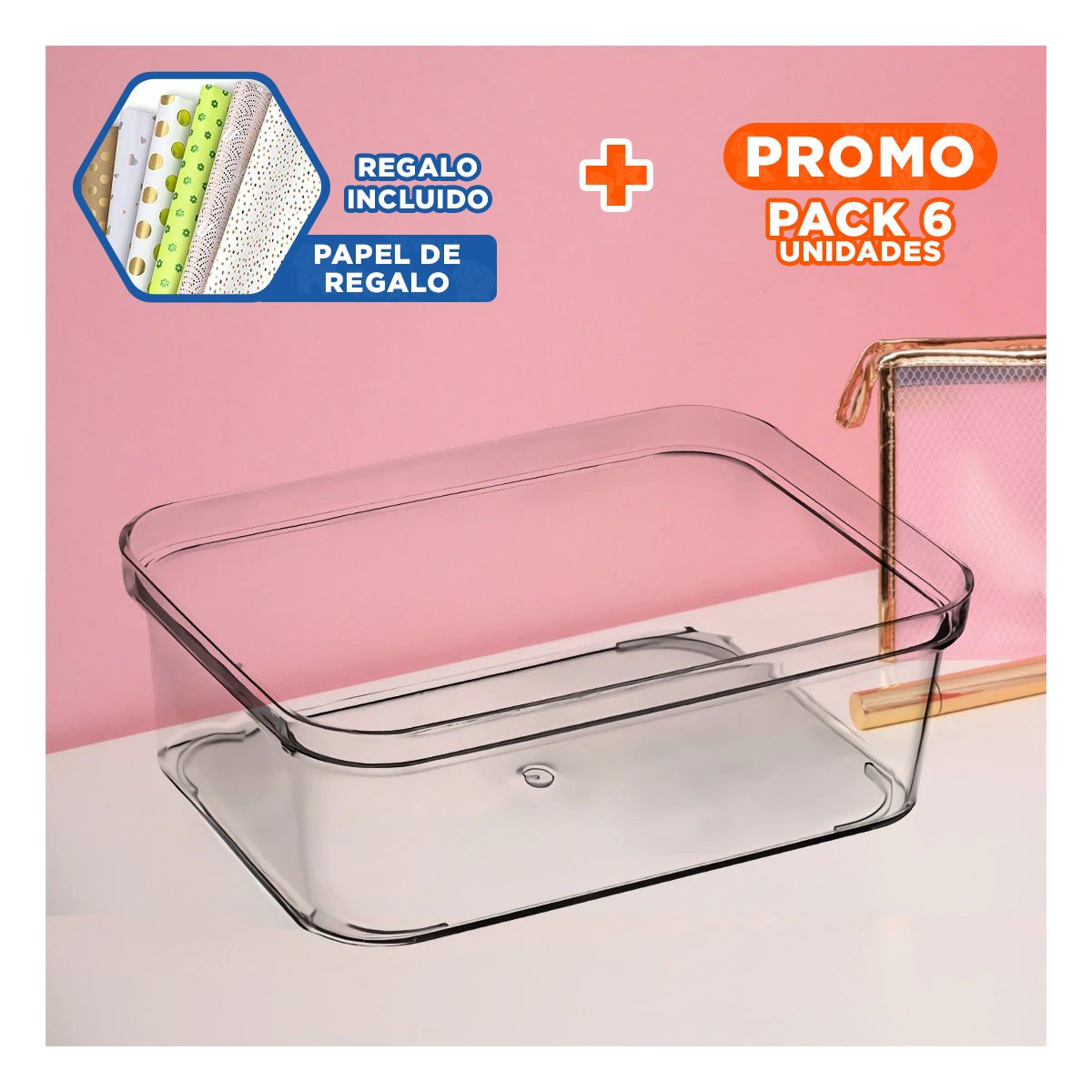 PACK6 DEPOSITO RECTANGULAR ACRILICO TRANSPARENTE PARA ESCRITORIO Y CASA Y+PAPEL REGALO - 1