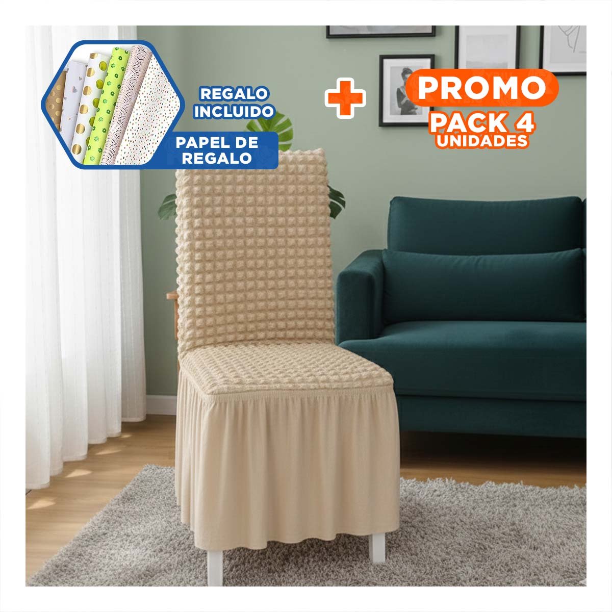 PACK4 FUNDA DE SILLA COLOR MARRON CLARO CON PATRON DE BURBUJAS ELASTICA YPAPEL REGALO - 1