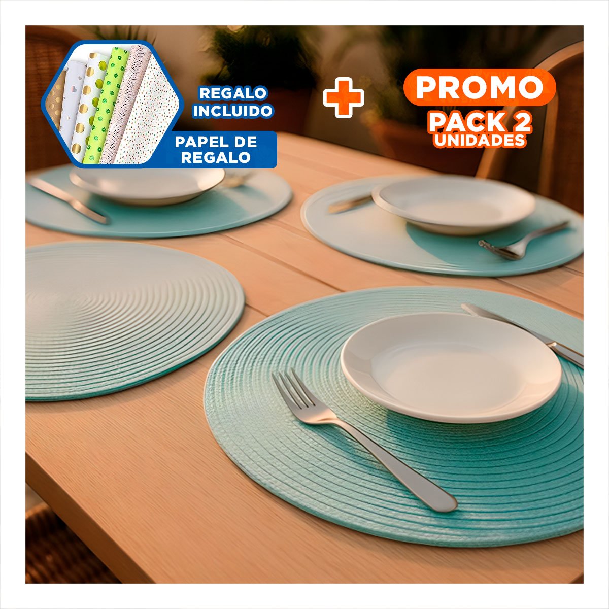 PACK2 SALVAMANTEL DE MESA CIRCULAR BOHO CELESTE CLARO PARA COMEDOR Y+PAPEL REGALO - 1