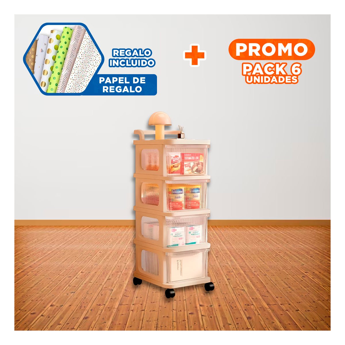 PACK6 UNIDAD DE ALMACENAJE CERRADA CON CAJONES 4 NIVELES Y ASA BEIGE CLARO Y+PAPEL REGALO - 1