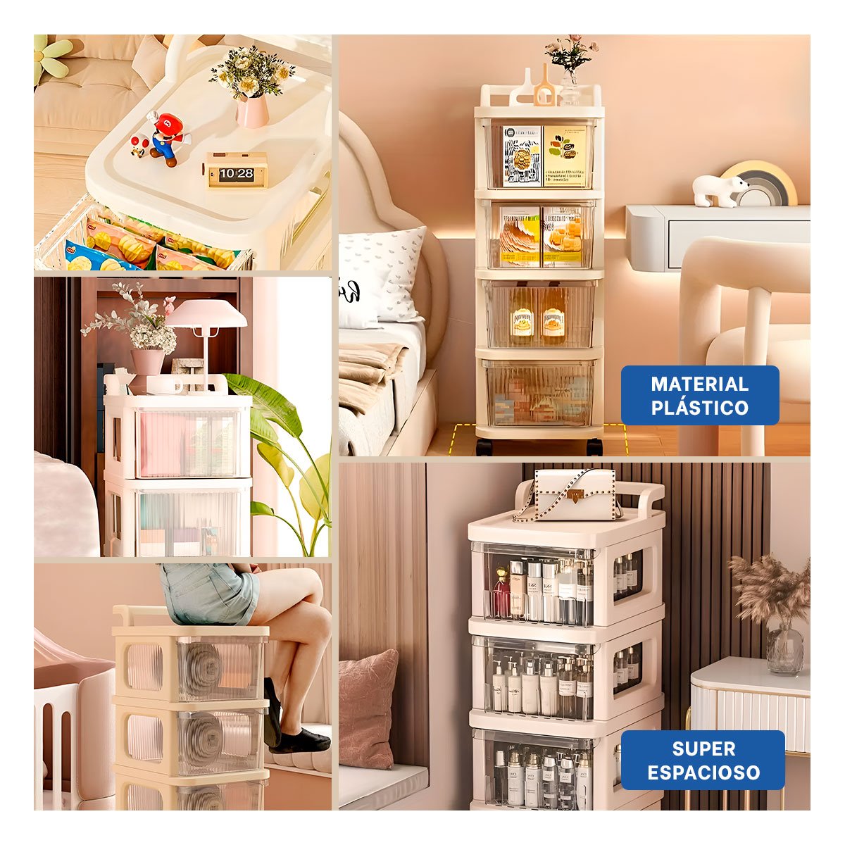 PACK6 UNIDAD DE ALMACENAJE CERRADA CON CAJONES 4 NIVELES Y ASA BEIGE CLARO Y+PAPEL REGALO - 3