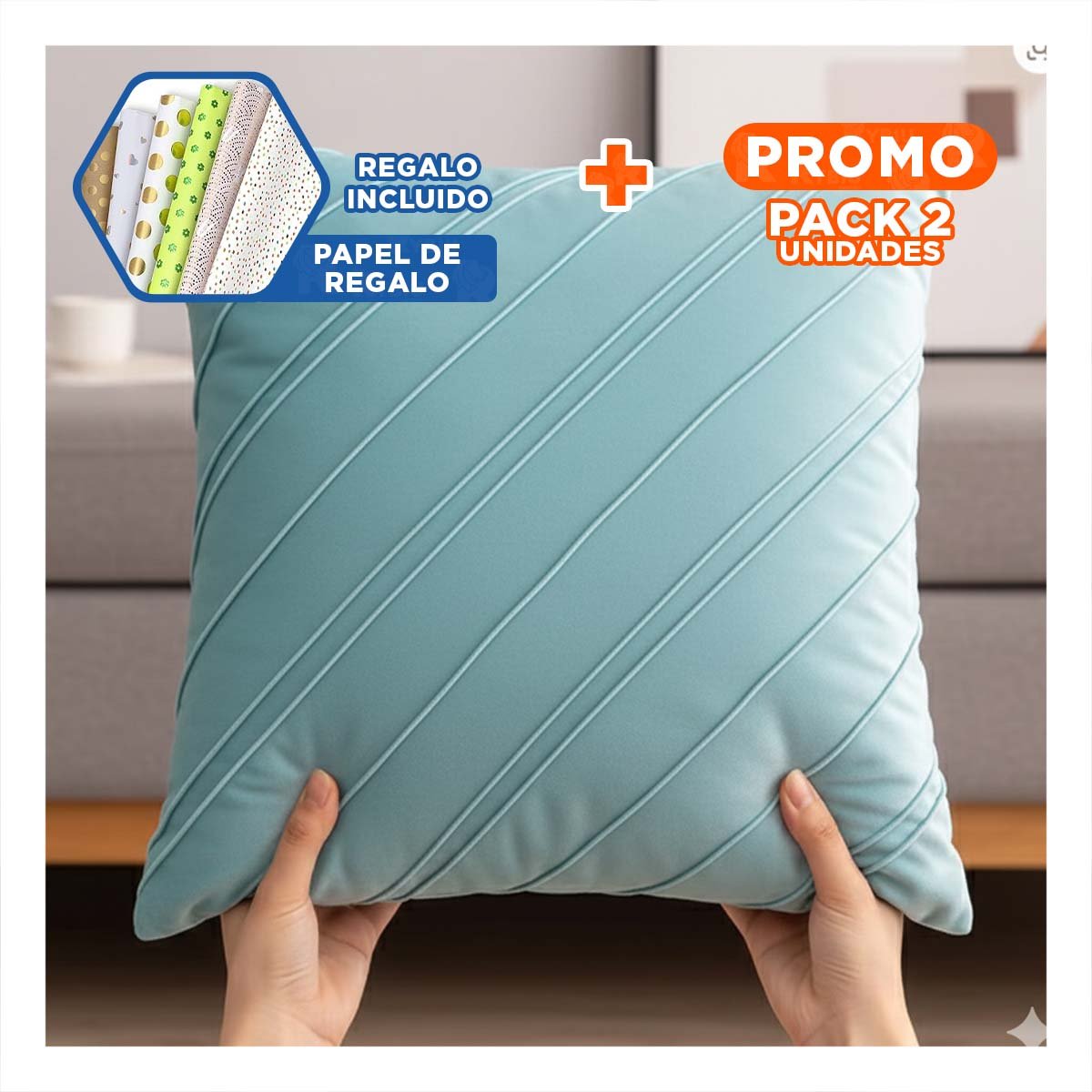 PACK2 FUNDA PARA ALMOHADA CON TERCIOPELO Y DIAGONALES DE COLOR CELESTE CLARO Y+PAPEL REGALO - 1