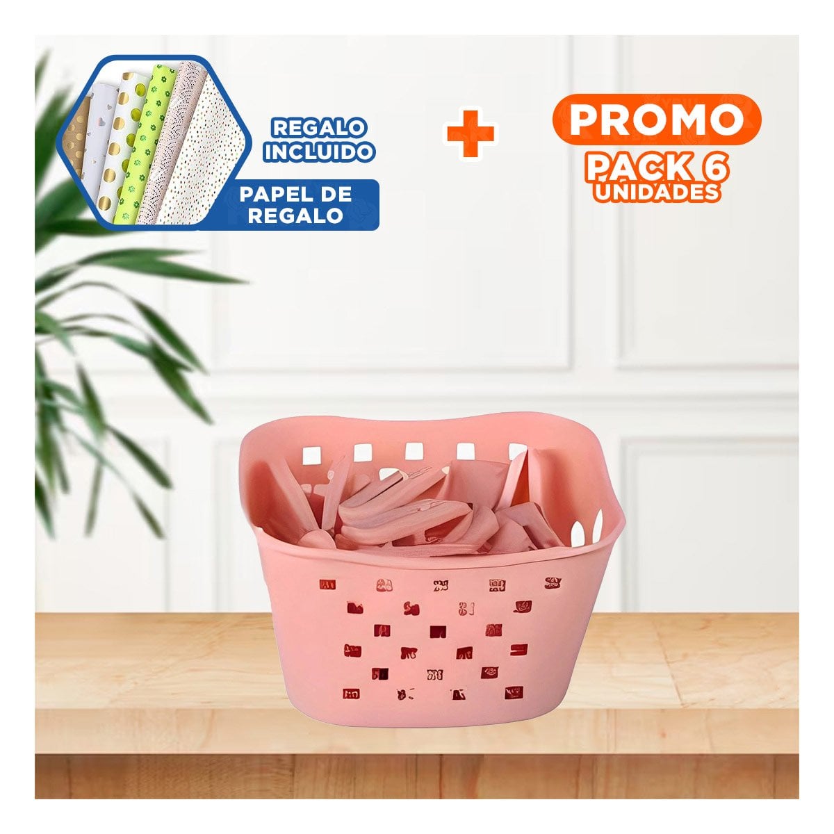 PACK6 ACCESORIO CUADRADO CON GANCHOS PARA ROPA ROSADO CLARO PARA MANTENER ORDEN YPAPEL REGALO - 1