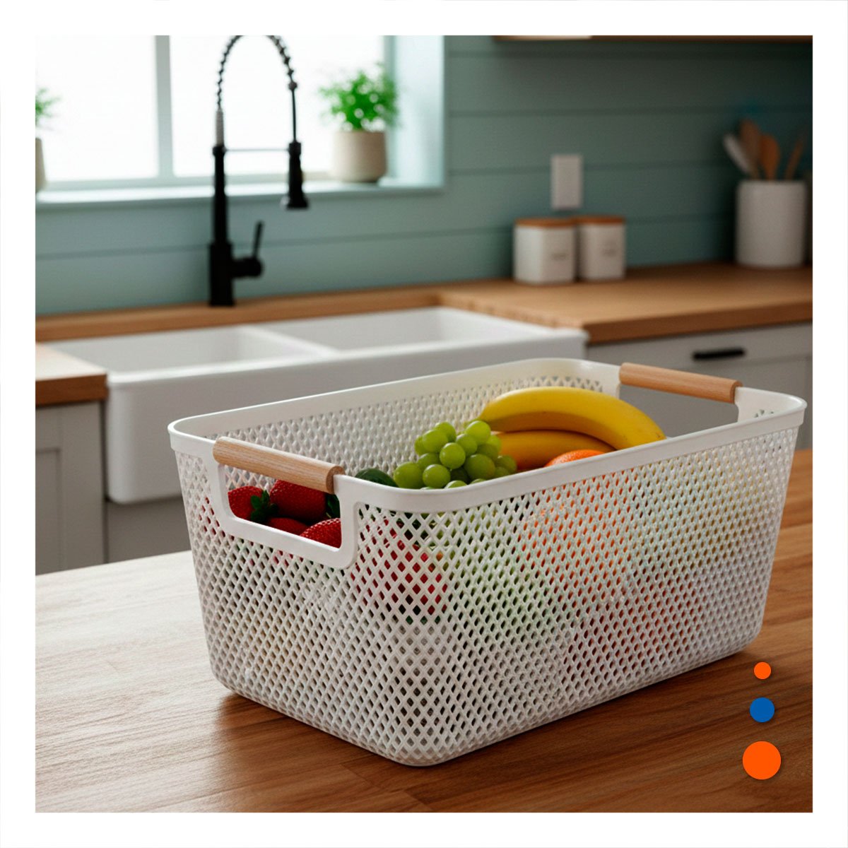 ORGANIZADOR PRACTICO MALLA CON ASAS DE MADERA PLOMO CLARO RECTANGULAR Y+LIGAS REGALO - 1