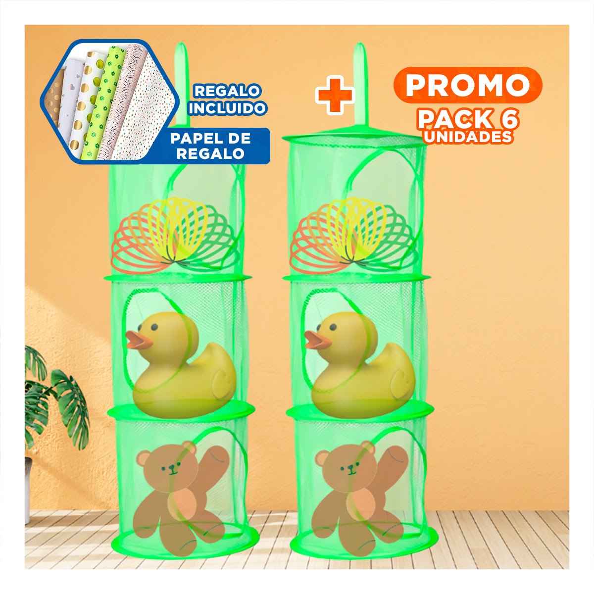 PACK6 UNIDAD COLGANTE TIPO RED 3 NIVELES VERDE MODERNA PARA ROPA YPAPEL REGALO - 1
