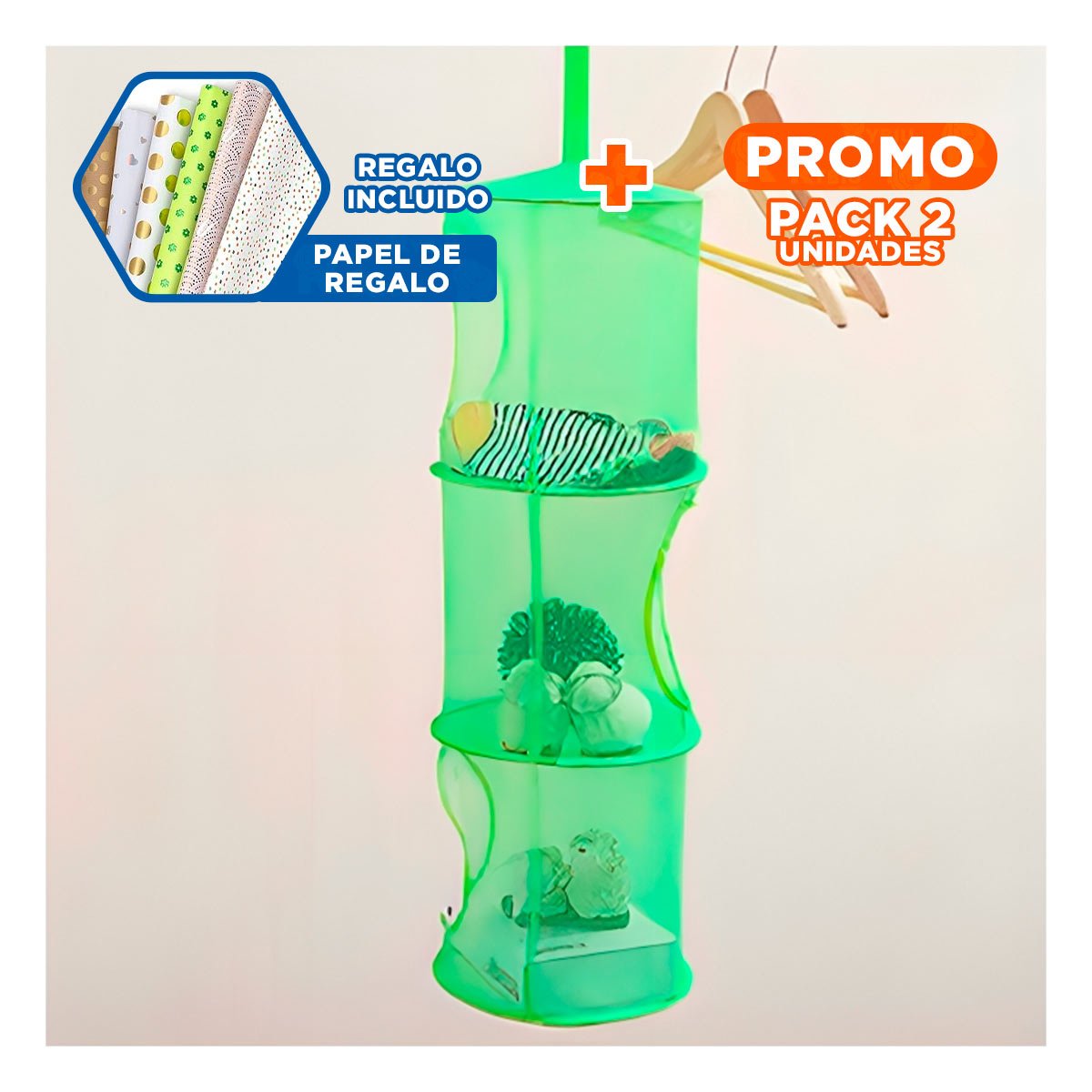 PACK2 SISTEMA COLGANTE TIPO RED 3 NIVELES VERDE FUNCIONAL ALMACENAMIENTO Y+PAPEL REGALO - 1