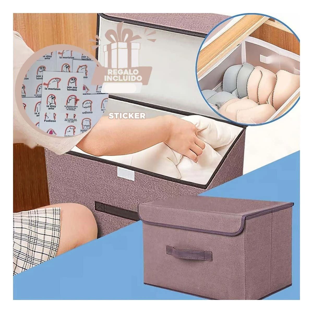 ORGANIZADOR COMPACTO DE TELA 25X19X16CM MARRON CON BORDE MARRON FACIL DE MOVER YREGALO STICKER - 1