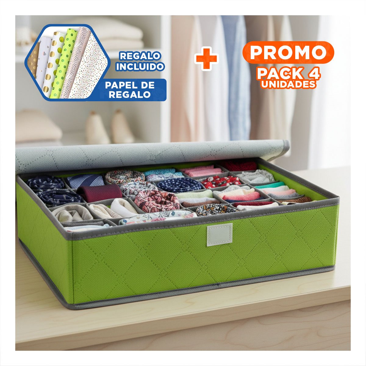 PACK4 ORGANIZADOR TEXTIL DE ROPA INTERIOR 24 DIVISIONES CON TAPA VERDE PLUS YPAPEL REGALO - 1