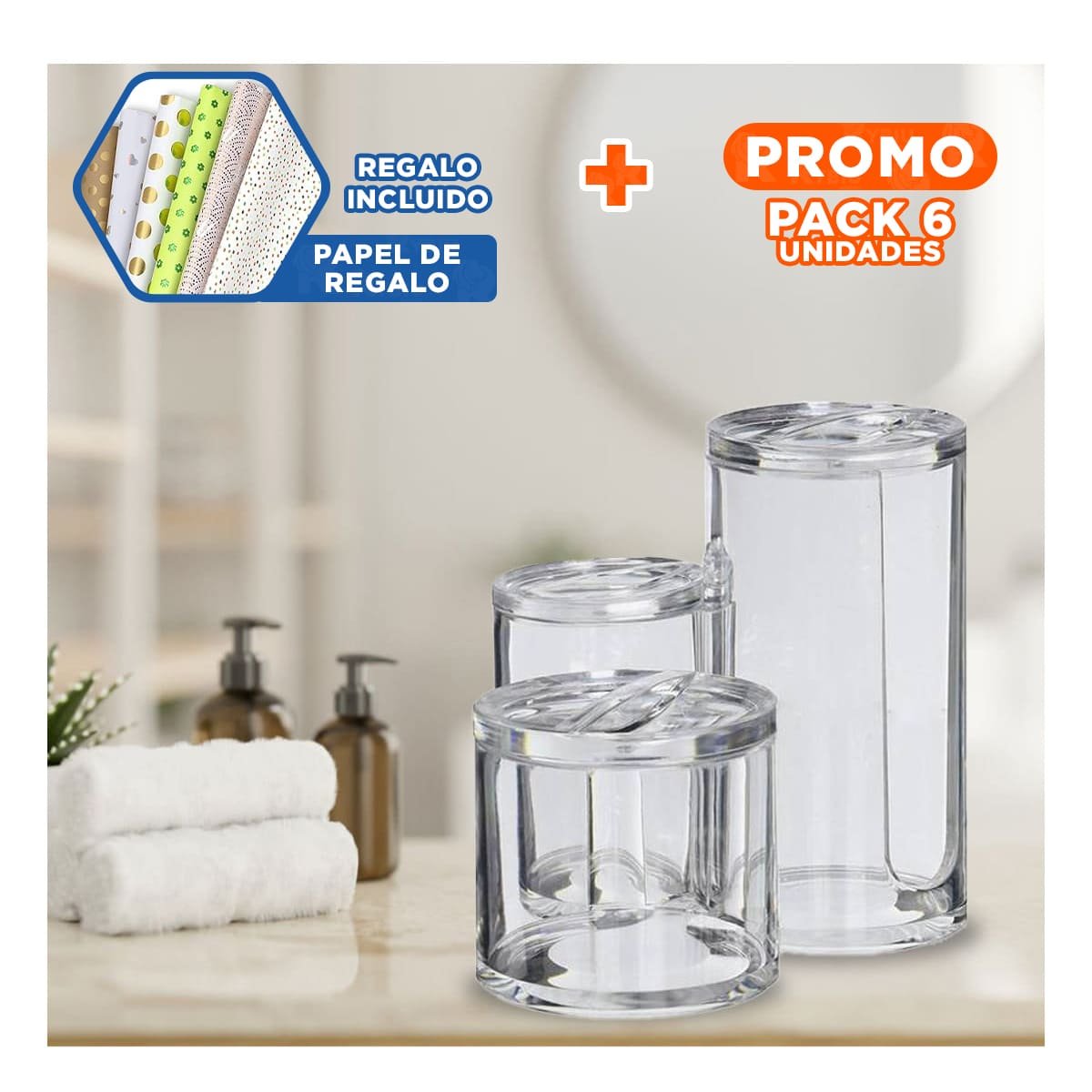 PACK6 ESTRUCTURA TUBULAR ACRILICA CON 3 ESPACIOS Y TAPA PARA ORDENTRANSPARENTE Y+PAPEL REGALO - 1