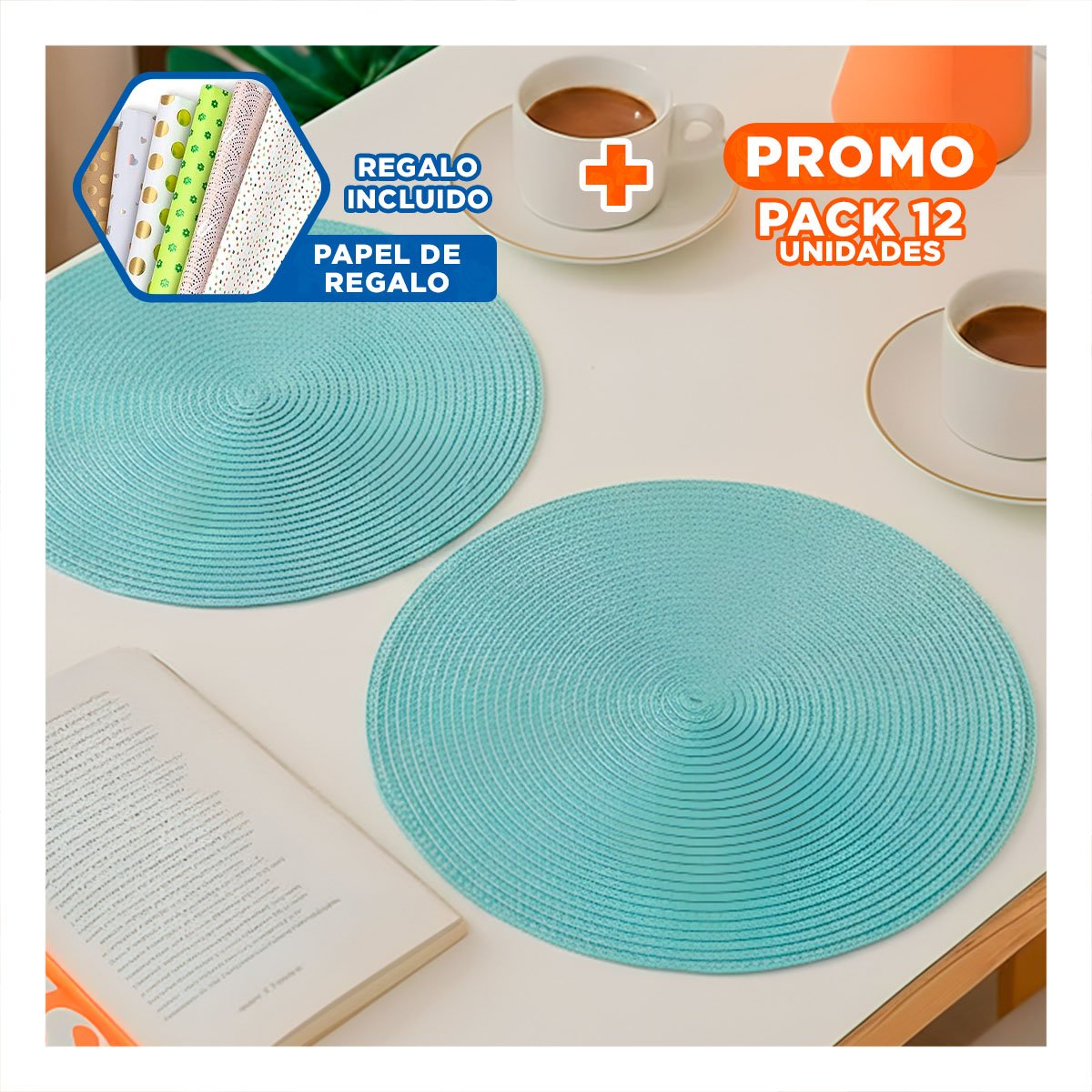 PACK12 PROTECTOR TEXTIL CIRCULAR BOHO CELESTE CLARO PARA COMEDOR YPAPEL REGALO - 1