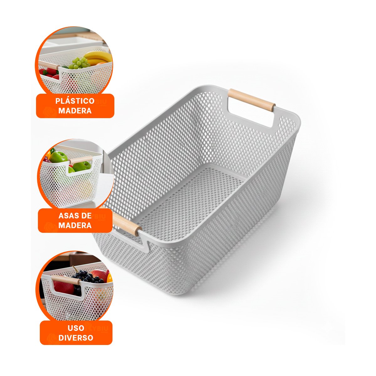 CESTA ORGANIZADORA MALLA CON ASAS DE MADERA PLOMO CLARO RECTANGULAR PARA COCINA Y SALA - 3