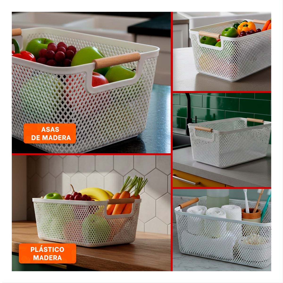 CESTA ORGANIZADORA MALLA CON ASAS DE MADERA PLOMO CLARO RECTANGULAR PARA COCINA Y SALA - 5