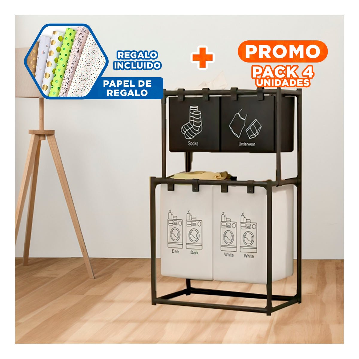 PACK4 ESTANTE ROPA SUCIA DOBLE NIVEL CON 3 CESTOS NEGRO Y BLANCO Y+PAPEL REGALO - 1