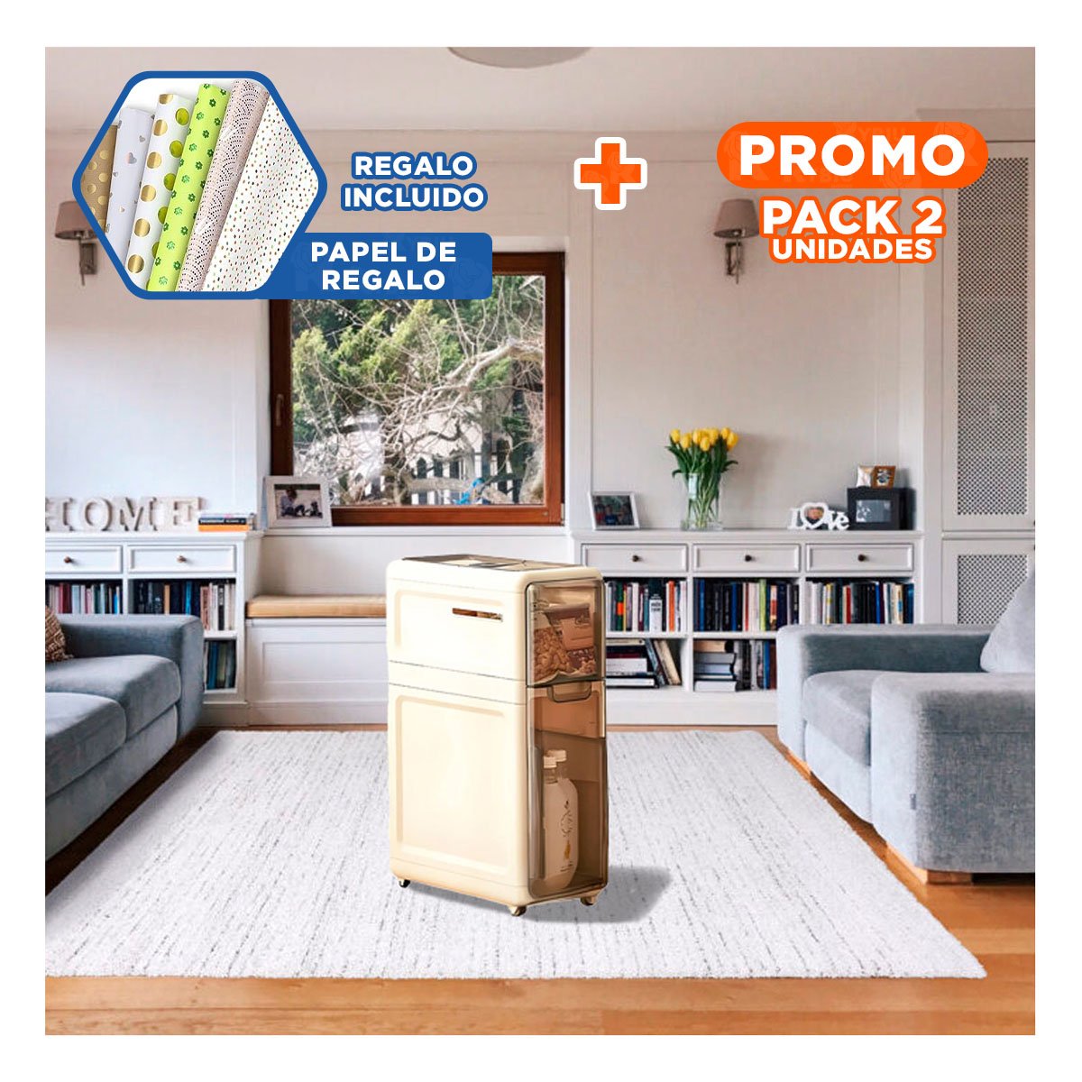 PACK2 GABINETE AUXILIAR BEIGE DE DOS SECCIONES CON PUERTAS PARA ORDENAR ESPACIOS Y+PAPEL REGALO - 1