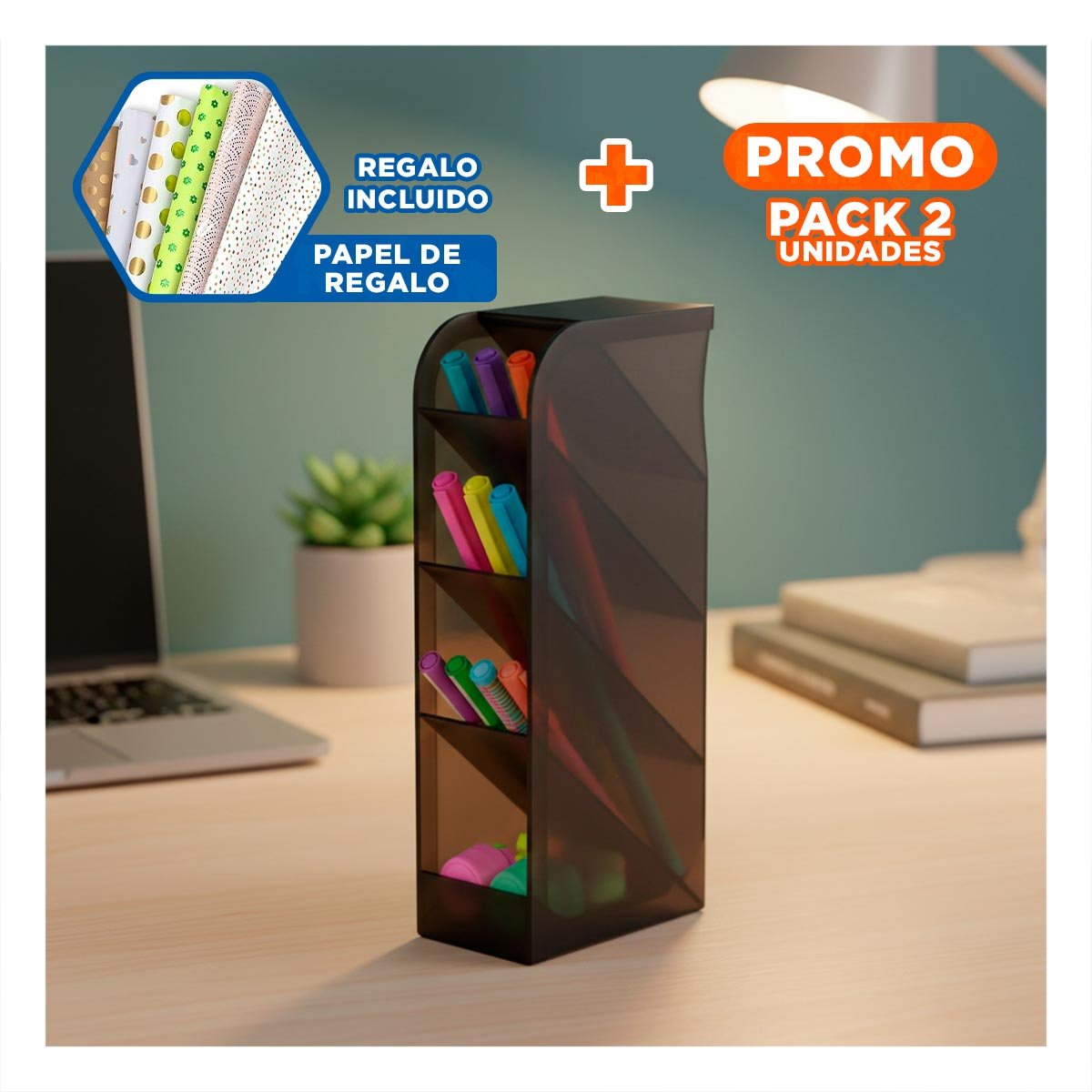 PACK2 ORGANIZADOR DE USO DIARIO SOBRE MESA EN NEGRO DE DIMENSIÓN 20,5X5X9CM Y+PAPEL REGALO - 1