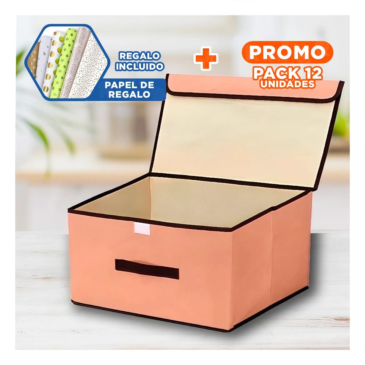 PACK12 CAJA MULTIUSO DE TELA 25X19X16CM MOSTAZA CON BORDE MARRON PARA ROPA Y+PAPEL REGALO - 1