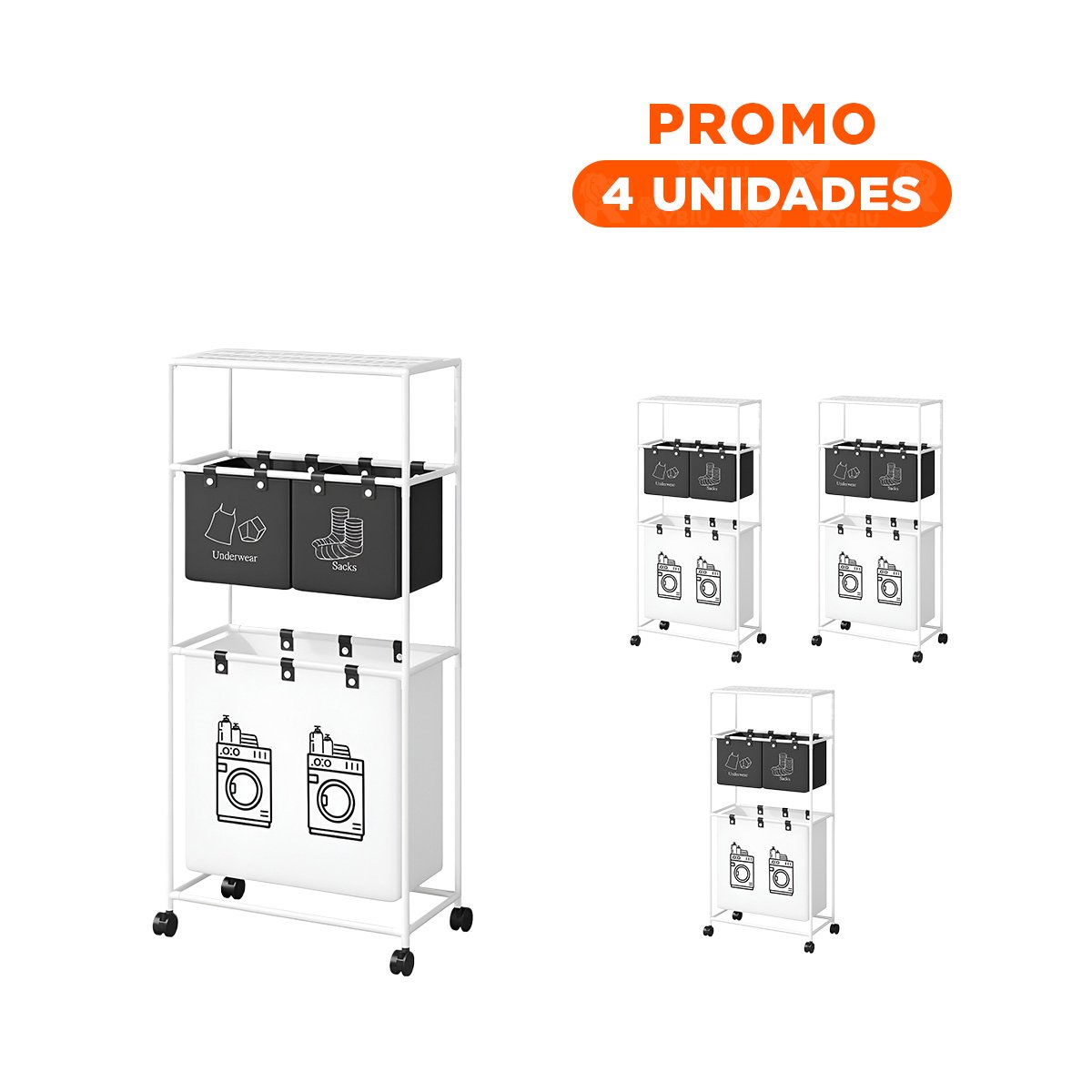 PACK4 SOPORTE ROPA SUCIA 3 NIVELES CON 3 CESTOS PARA HOGAR NEGRO Y BLANCO Y+REGALO STICKER - 1
