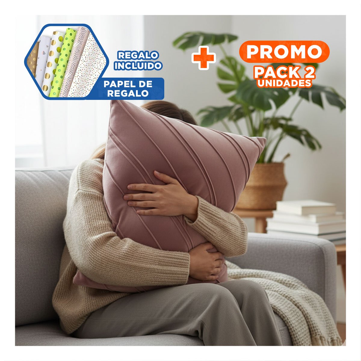 PACK2 FUNDA PARA ALMOHADA CON TERCIOPELO Y DIAGONALES DE COLOR ROSADO CLARO YPAPEL REGALO - 1