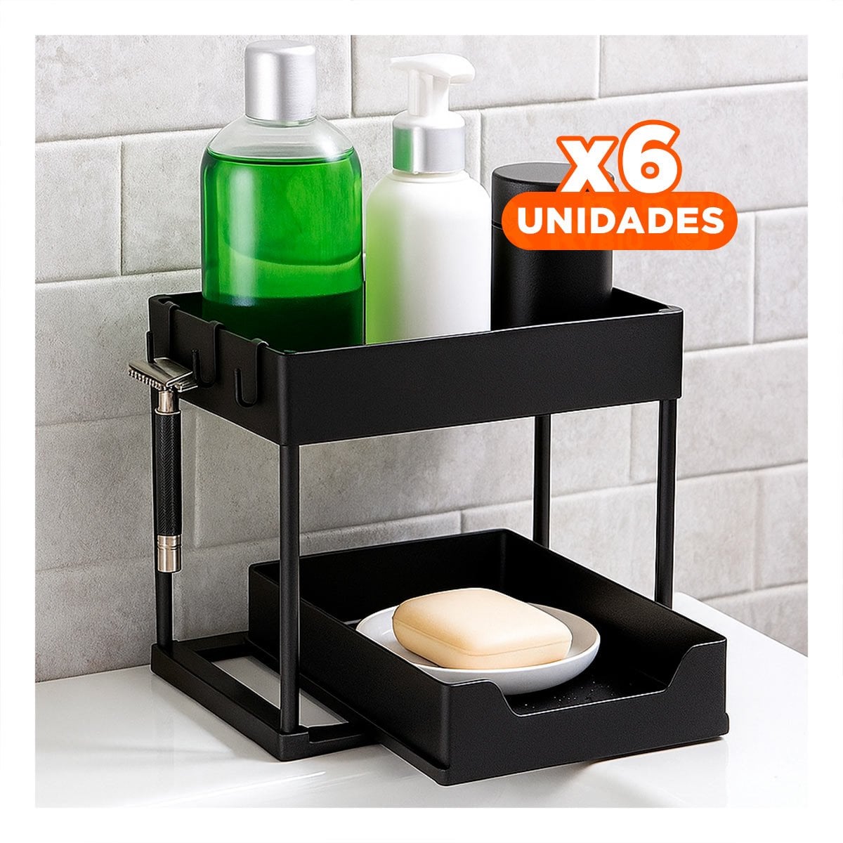 PACK6 ESTANTE DE OFICINA 2 NIVELES CON CAJON INFERIOR DESLIZABLE NEGRO Y+PAPEL REGALO - 1