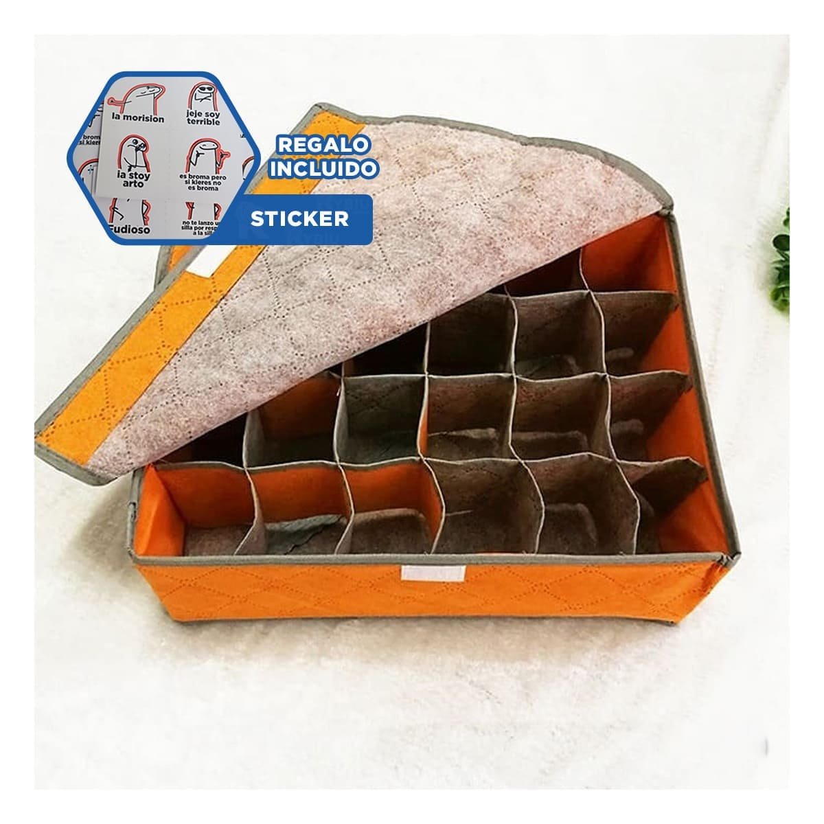 CAJA ORGANIZADORA PARA ROPA INTERIOR 24 DIVISIONES TAPA NARANJA HOGAR MAX YREGALO STICKER - 1