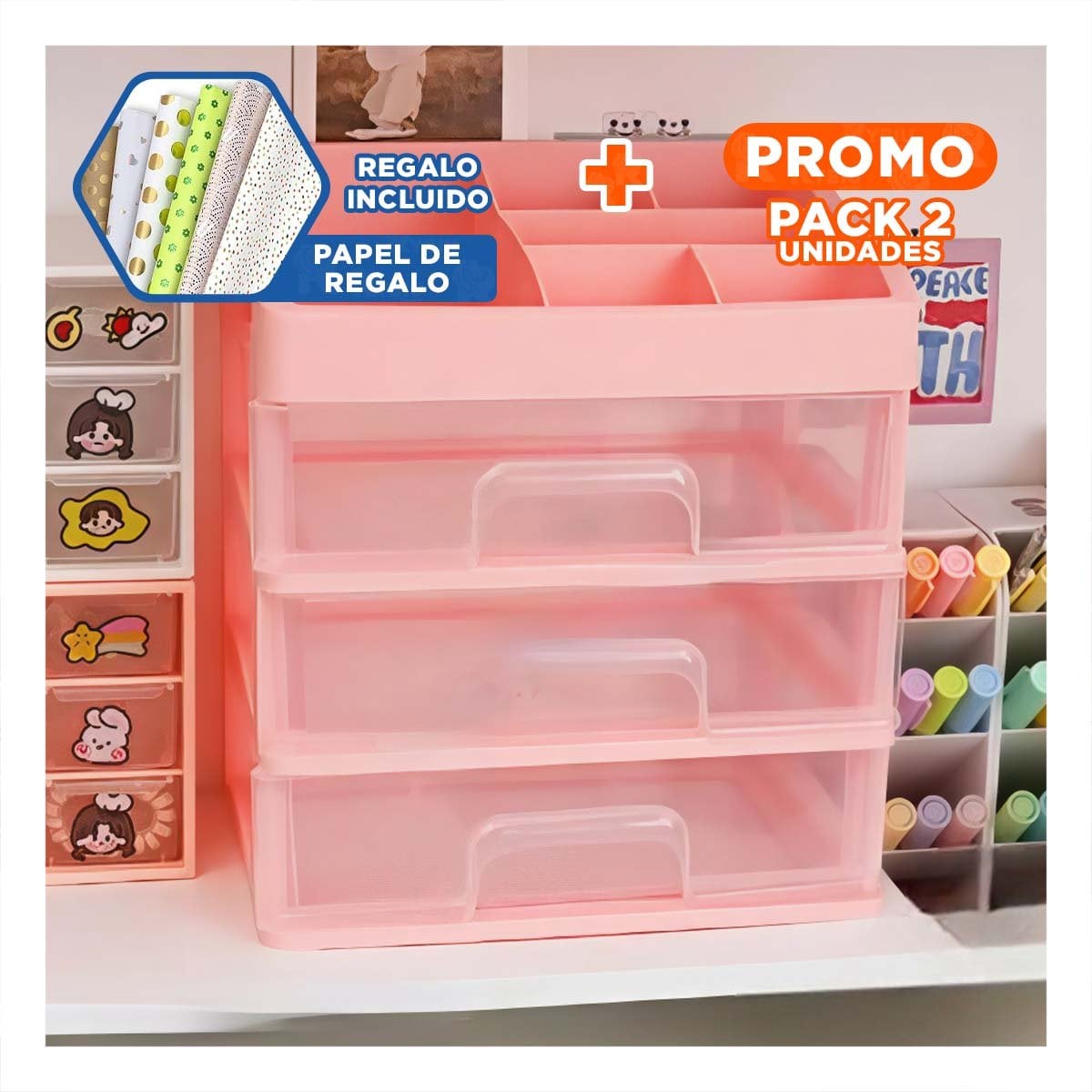 PACK2 ORGANIZADOR CON CAJONES INFERIORES Y TECHO DIVIDIDO BLANCO Y+PAPEL REGALO - 1