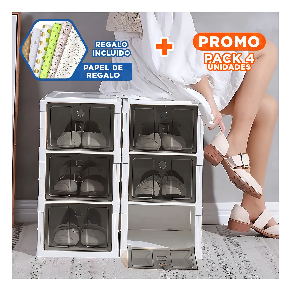 PACK4 ESTANTE DOMESTICO PLEGABLE PARA CALZADO BLANCO CON CUBIERTA NEGRA Y+PAPEL REGALO - 1