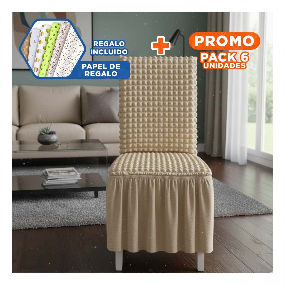 PACK6 FORRO PARA SILLA CON PATRON CUADRADO ELASTICA EN COLOR MARRON CLARO YPAPEL REGALO - 1