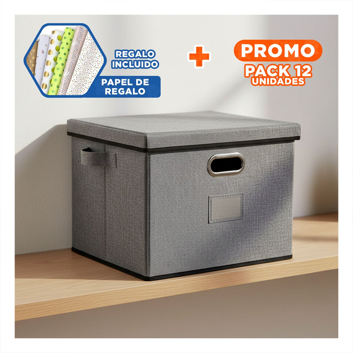 PACK12 CONTENEDOR DE ALMACEN CON TAPA 40X32X26CM PLOMO JASPEADO USO DIARIO Y+PAPEL REGALO - 1